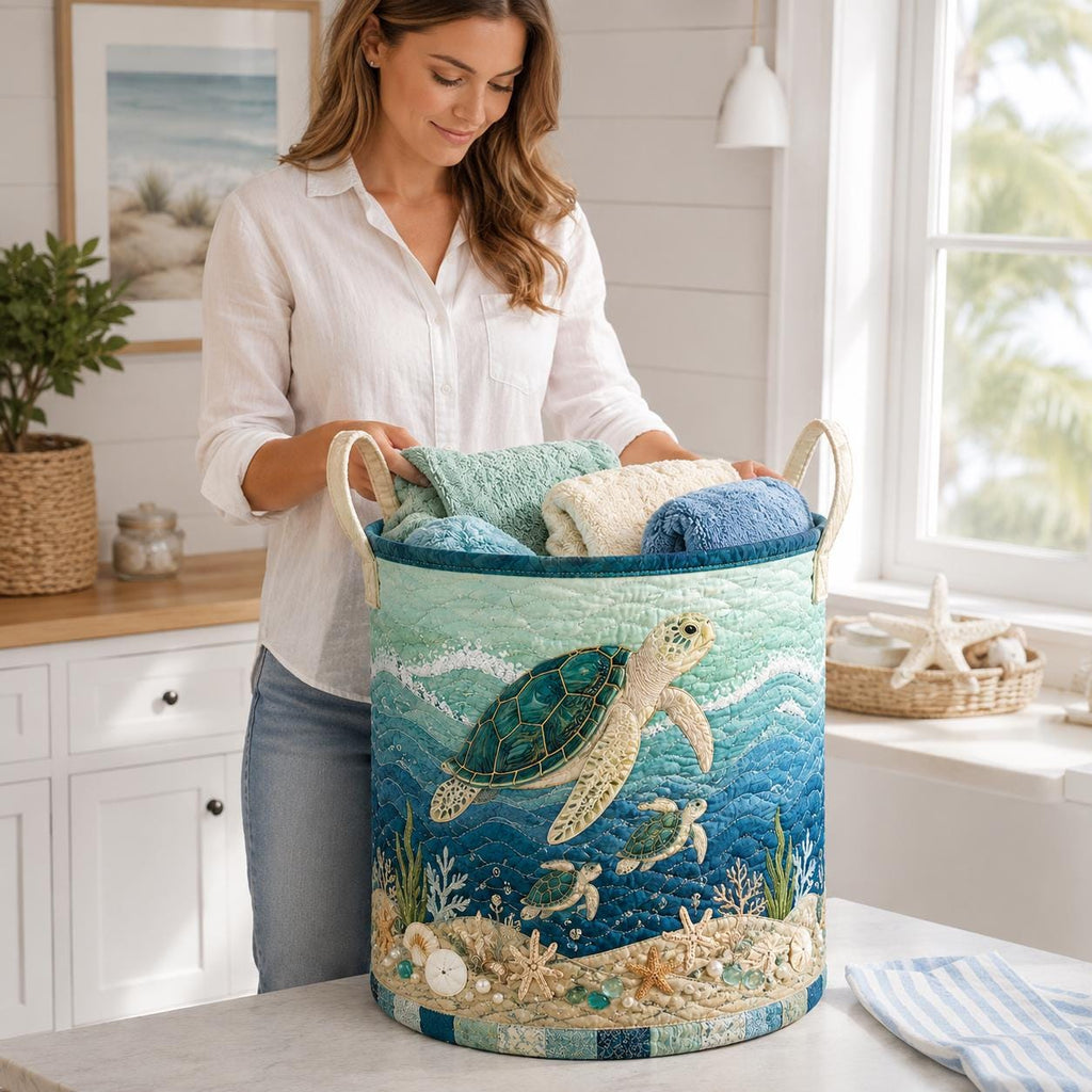 Personalized Sea Turtle Quilted Laundry Basket, Turtle Storage Hamper, Laundry Bin, Custom Name Home Organizer, Housewarming Gift, Fabric Clothes Basket QBK35