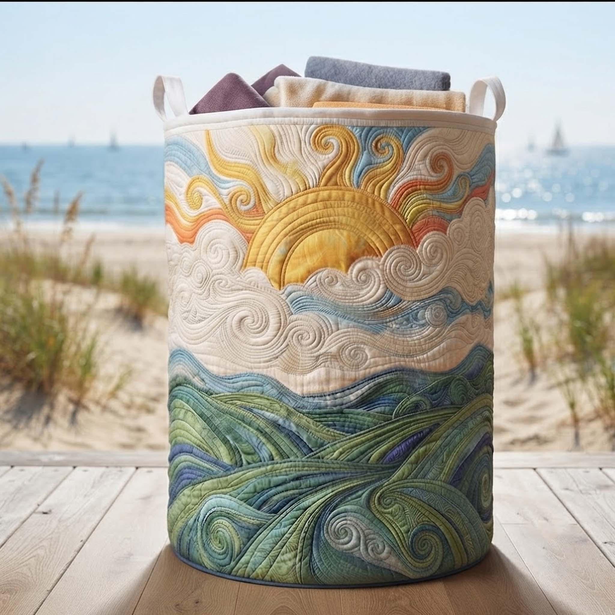 Personalized Sunrise Quilted Laundry Basket, Abstract Landscape Storage Hamper, Laundry Bin, Custom Name Home Organizer, Housewarming Gift, Fabric Clothes Basket QBK23