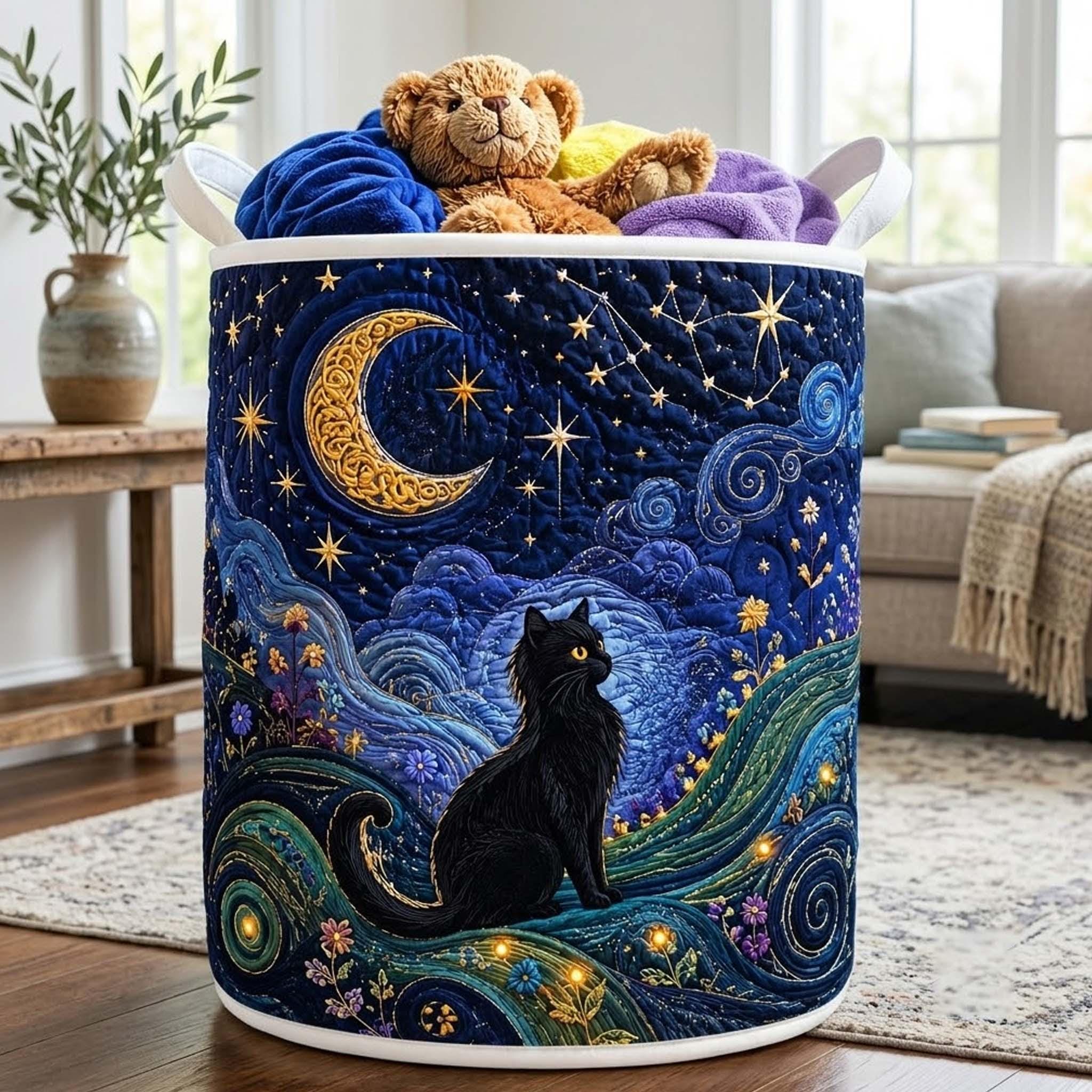 Black Cat Starry Night Quilted Laundry Basket, Black Cat Storage Hamper, Laundry Bin, Custom Name Home Organizer, Housewarming Gift, Fabric Clothes Basket QBK30