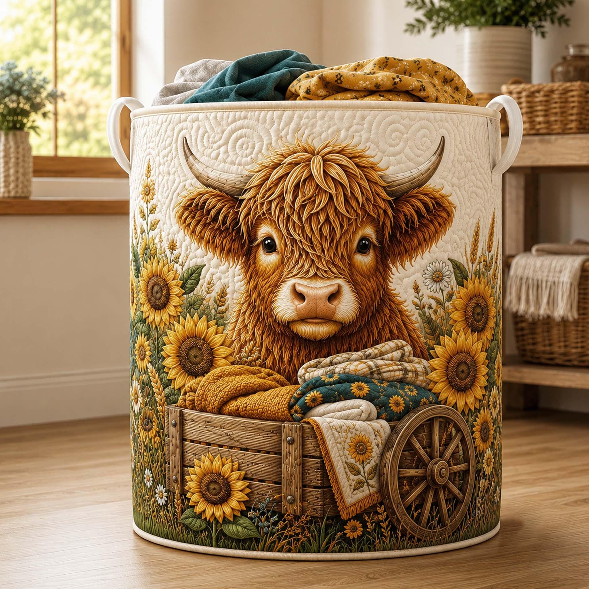 Personalized Highland Cow Quilted Laundry Basket, Sunflower Cow Storage Hamper, Laundry Bin, Custom Name Home Organizer, Housewarming Gift, Fabric Clothes Basket QBK24