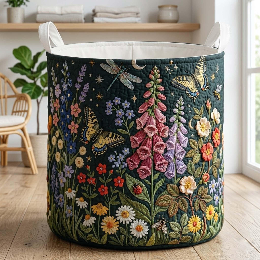 The Garden Quilted Laundry Basket, Floral Flower Storage Hamper, Laundry Bin, Custom Name Home Organizer, Housewarming Gift, Fabric Clothes Basket QBK29