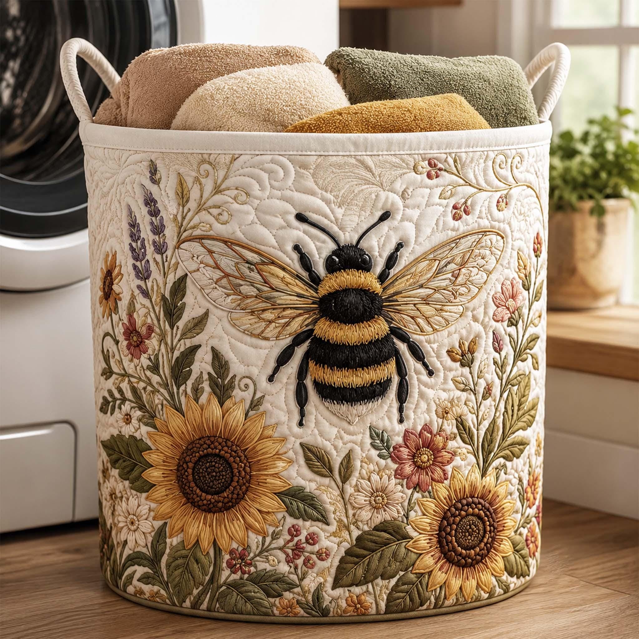 Sunflower Bee Quilted Laundry Basket, Bee Storage Hamper, Laundry Bin, Custom Name Nursery Organizer, Fabric Clothes Basket QBK16
