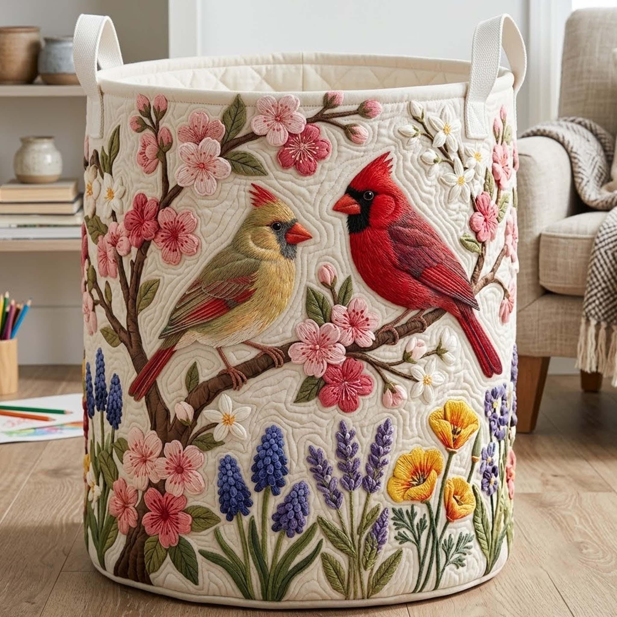 Spring Cardinals Quilted Laundry Basket, Floral Bird Storage Hamper, Laundry Bin, Custom Name Home Organizer, Housewarming Gift, Fabric Clothes Basket QBK38