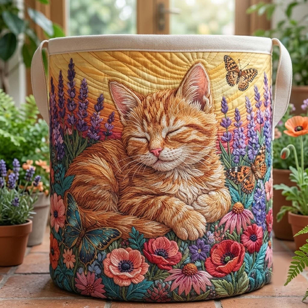 Floral Cat Quilted Laundry Basket, Cute Cats Storage Hamper, Laundry Bin, Custom Name Nursery Organizer, Fabric Clothes Basket QBK08