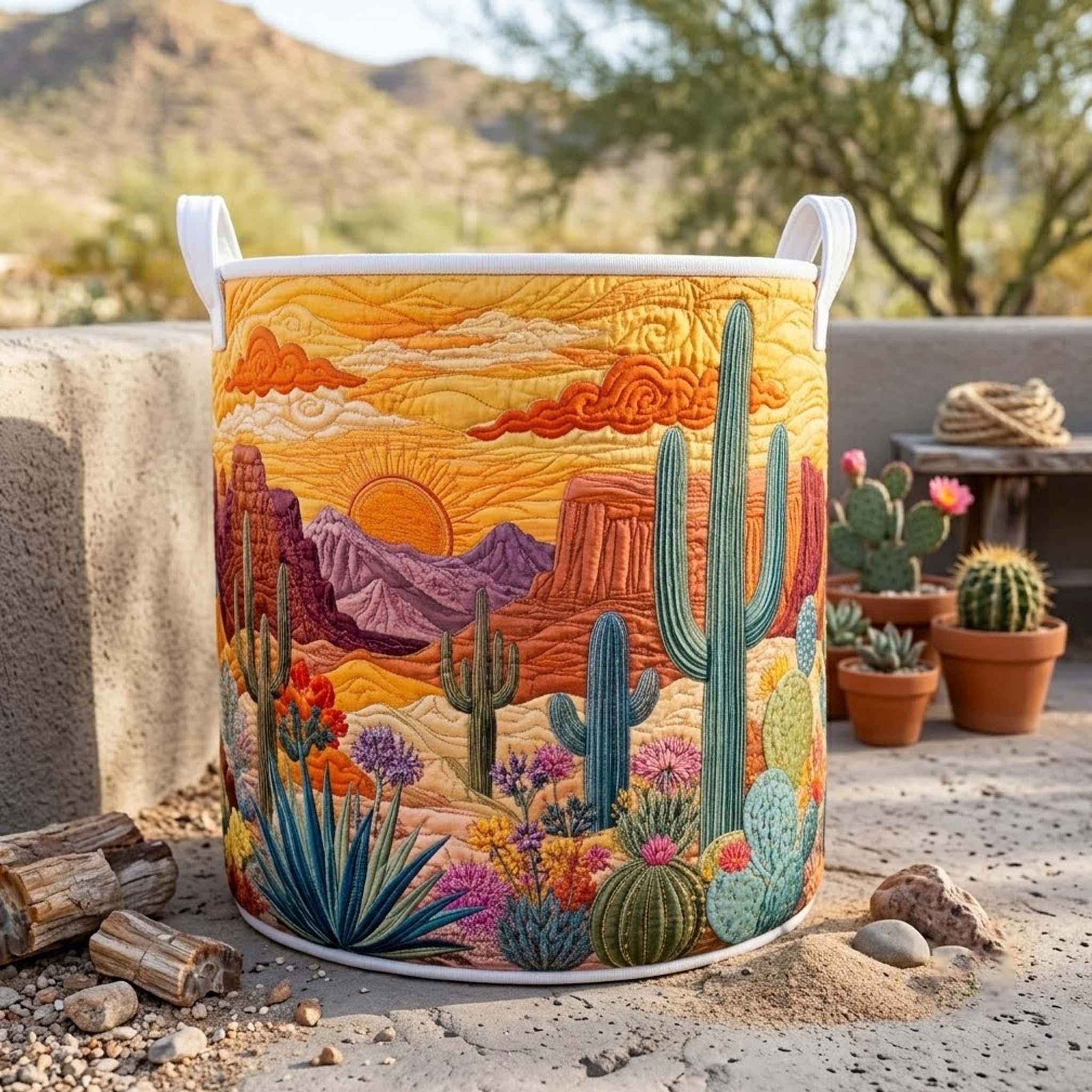 Daybreak Cactus Field Quilted Laundry Basket, Cactus Storage Hamper, Laundry Bin, Custom Name Nursery Organizer, Fabric Clothes Basket QBK09
