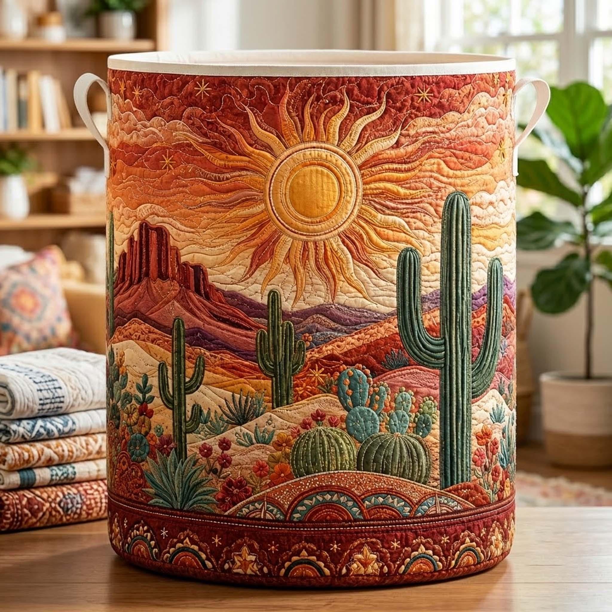 Personalized Desert Sunset Quilted Laundry Basket, Southwest Cactus Storage Hamper, Boho Laundry Bin, Custom Name Nursery Organizer, Western Housewarming Gift QBK04