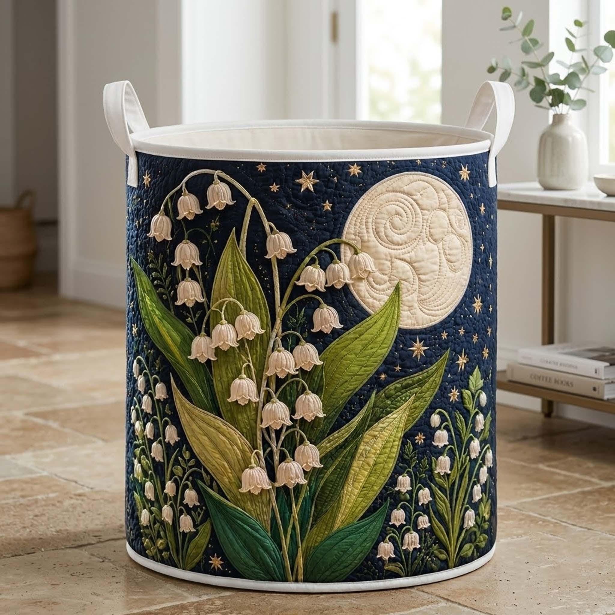 Lily of the Valley Quilted Laundry Basket, Floral Storage Hamper, Laundry Bin, Custom Name Home Organizer, Housewarming Gift, Fabric Clothes Basket QBK28