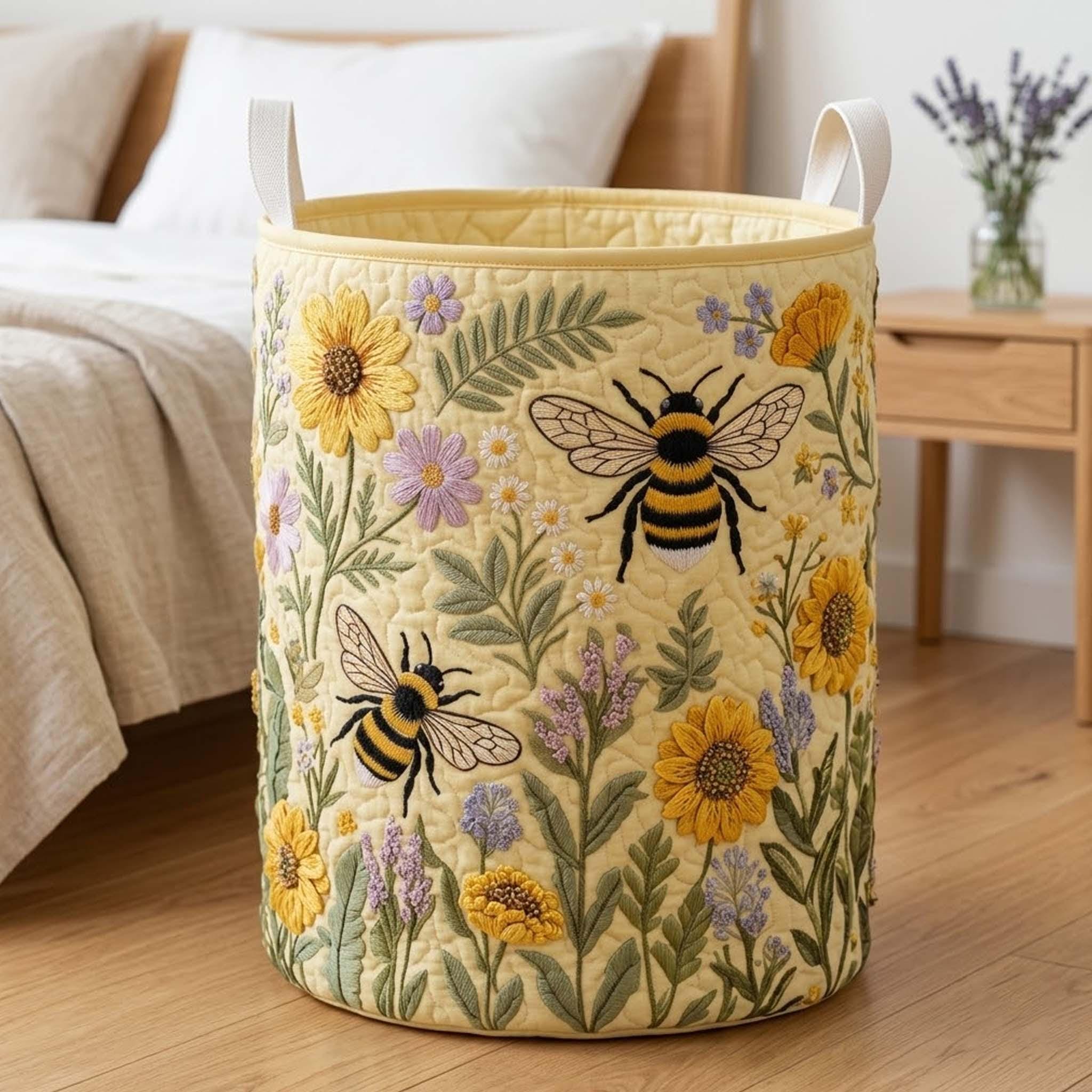 Bee Floral Quilted Laundry Basket, Bee Storage Hamper, Custom Name Laundry Bin, Nursery & Home Organizer Gift QBK02
