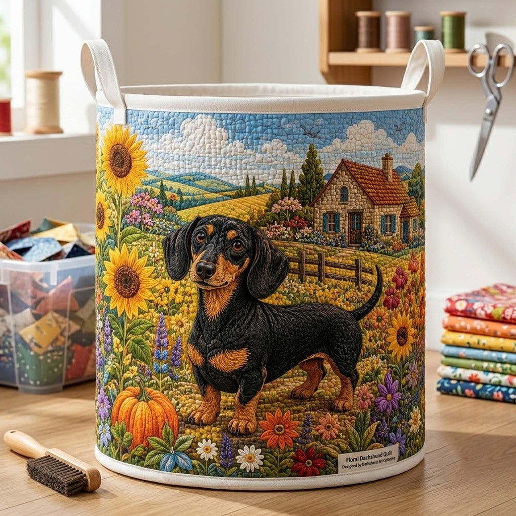 Dachshund Quilted Laundry Basket, Cute Dog Storage Hamper, Laundry Bin, Custom Name Nursery Organizer, Fabric Clothes Basket QBK07