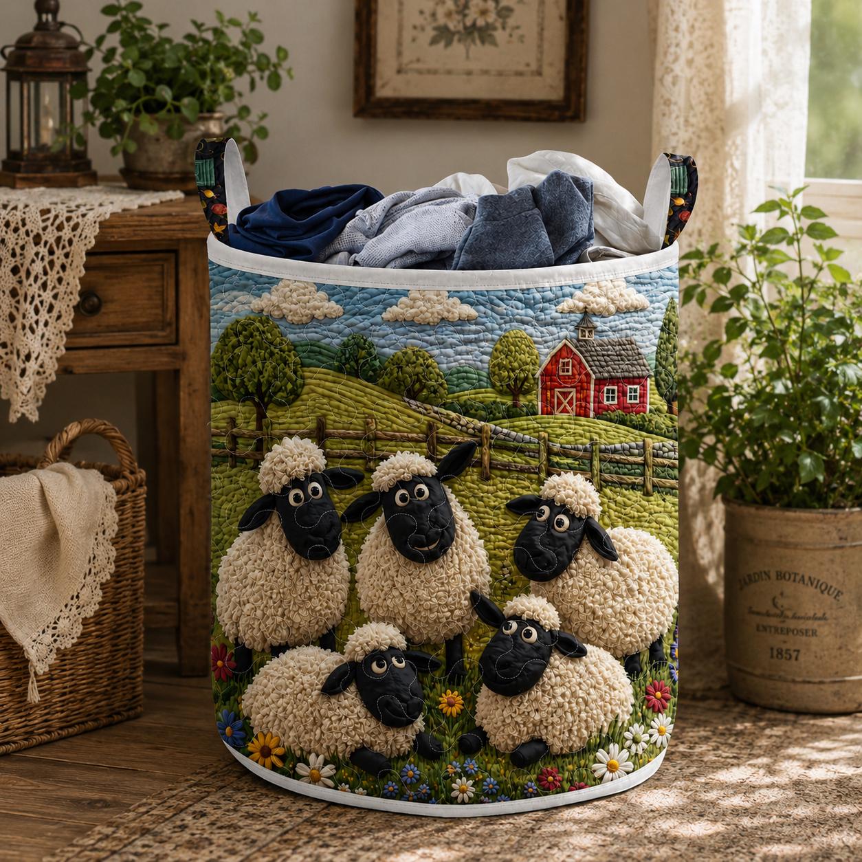 Personalized Sheep Quilted Laundry Basket, Farmhouse Laundry Hamper, Cute Sheep Storage Bin, Custom Name Nursery Organizer, Farm Animal Housewarming Gift QBK03