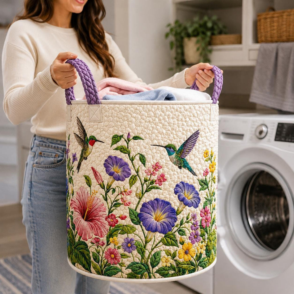 Hummingbird Floral Quilted Laundry Basket, Hummingbird Storage Hamper, Laundry Bin, Custom Name Home Organizer, Housewarming Gift, Fabric Clothes Basket QBK25