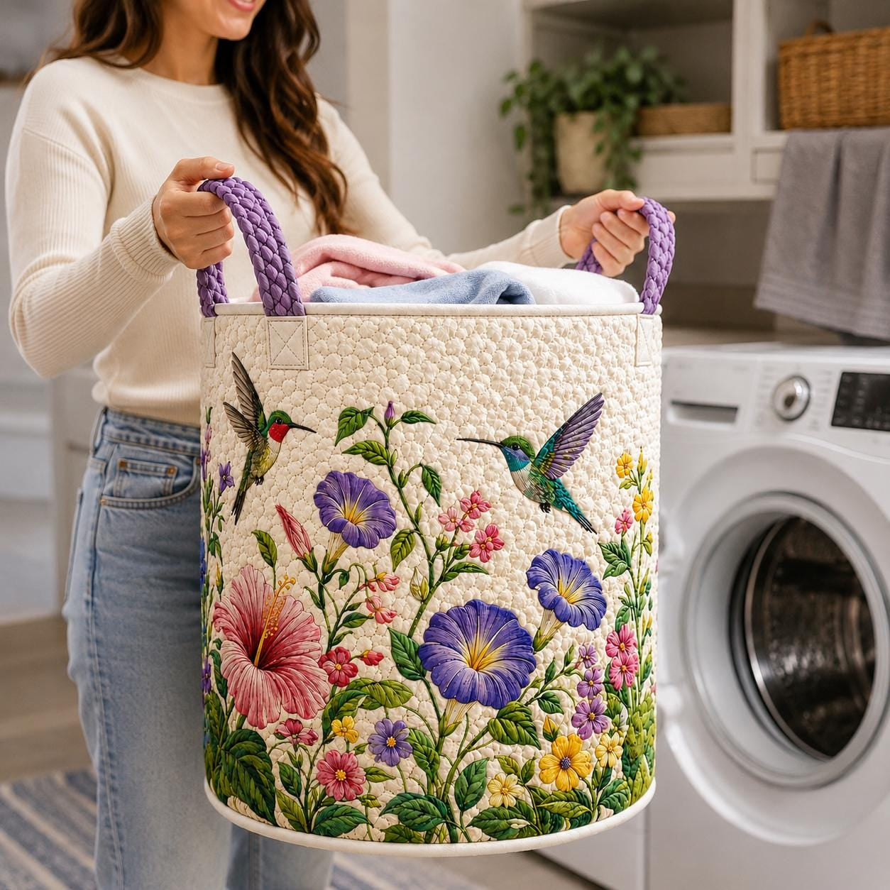 Hummingbird Floral Quilted Laundry Basket, Hummingbird Storage Hamper, Laundry Bin, Custom Name Home Organizer, Housewarming Gift, Fabric Clothes Basket QBK25