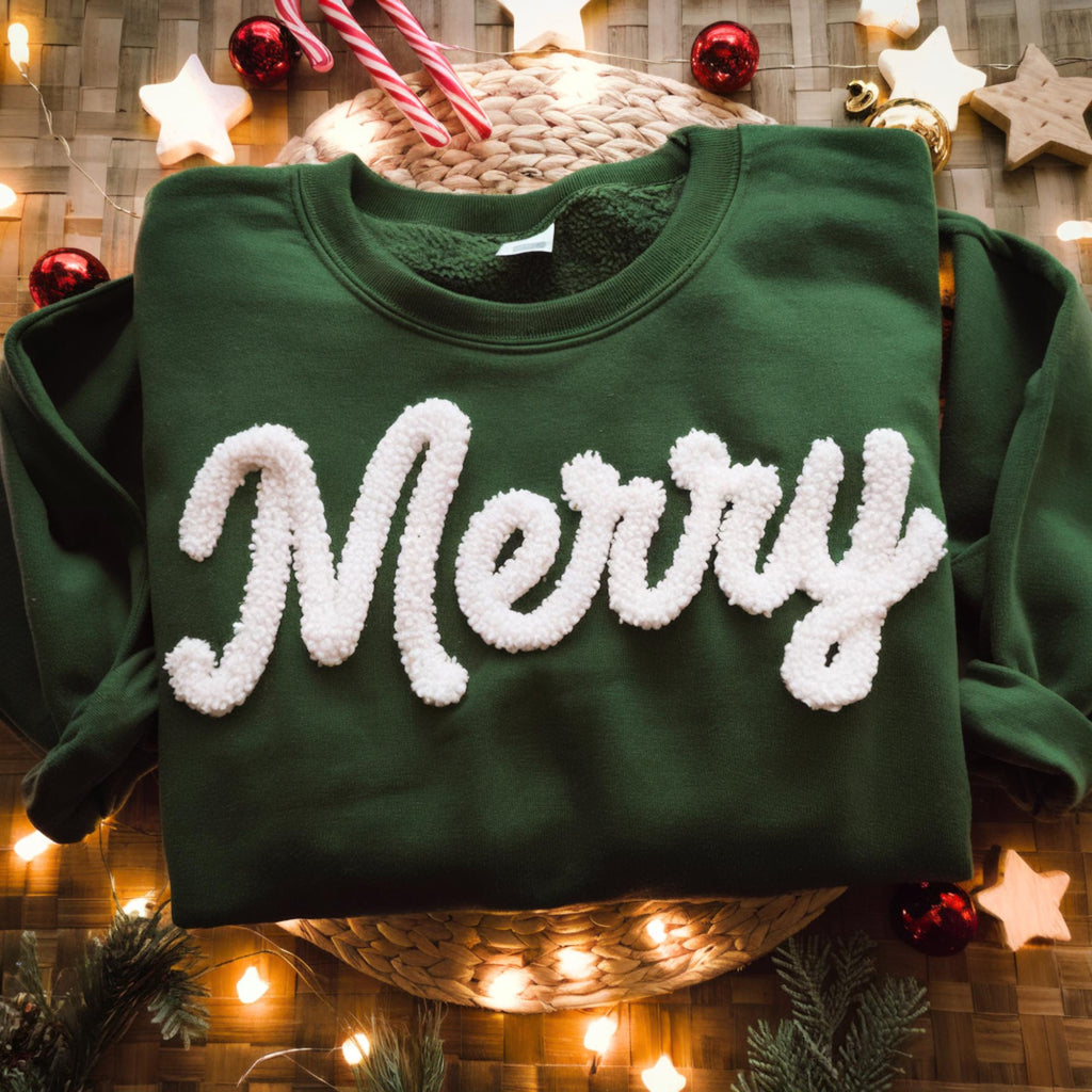 Merry Christmas Yarn Embroidered Sweatshirt, Christmas Embroidered Shirt, Merry and Bright Shirt, Holiday Style, Christmas Gift
