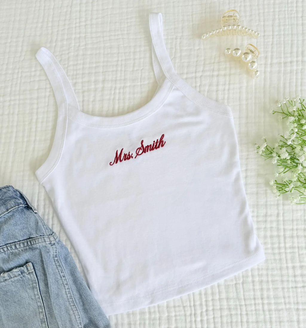 Personalized Mrs. Embroidered Tank Top, Bridal Shower Cami, Bride Vacation Top, Bachelorette Outfit