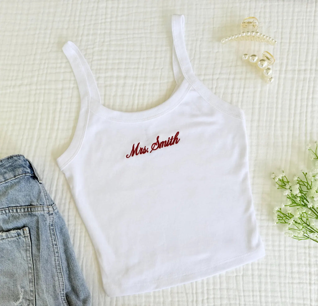 Personalized Mrs. Embroidered Tank Top, Bridal Shower Cami, Bride Vacation Top, Bachelorette Outfit