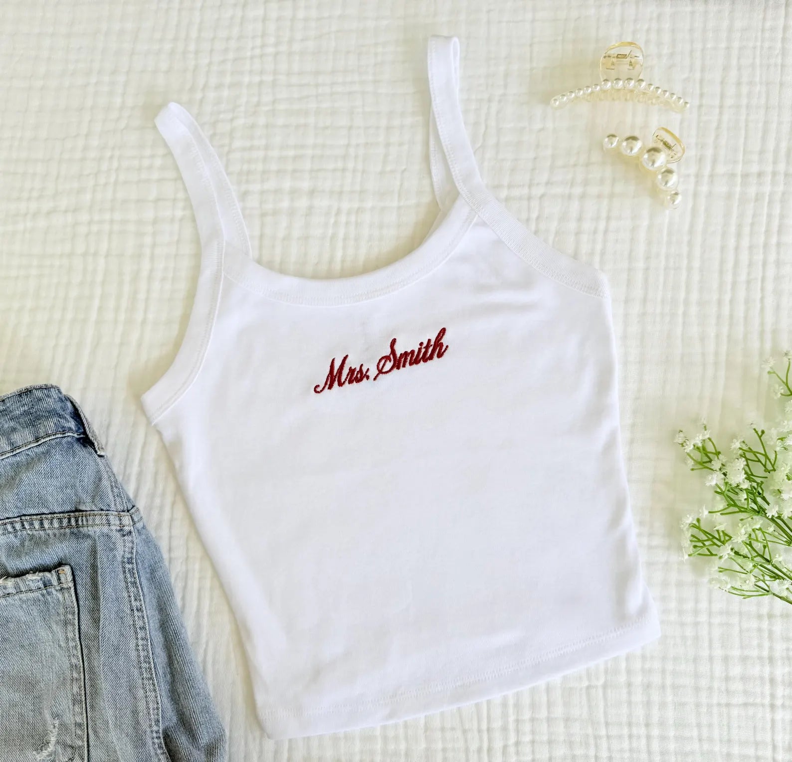 Personalized Mrs. Embroidered Tank Top, Bridal Shower Cami, Bride Vacation Top, Bachelorette Outfit