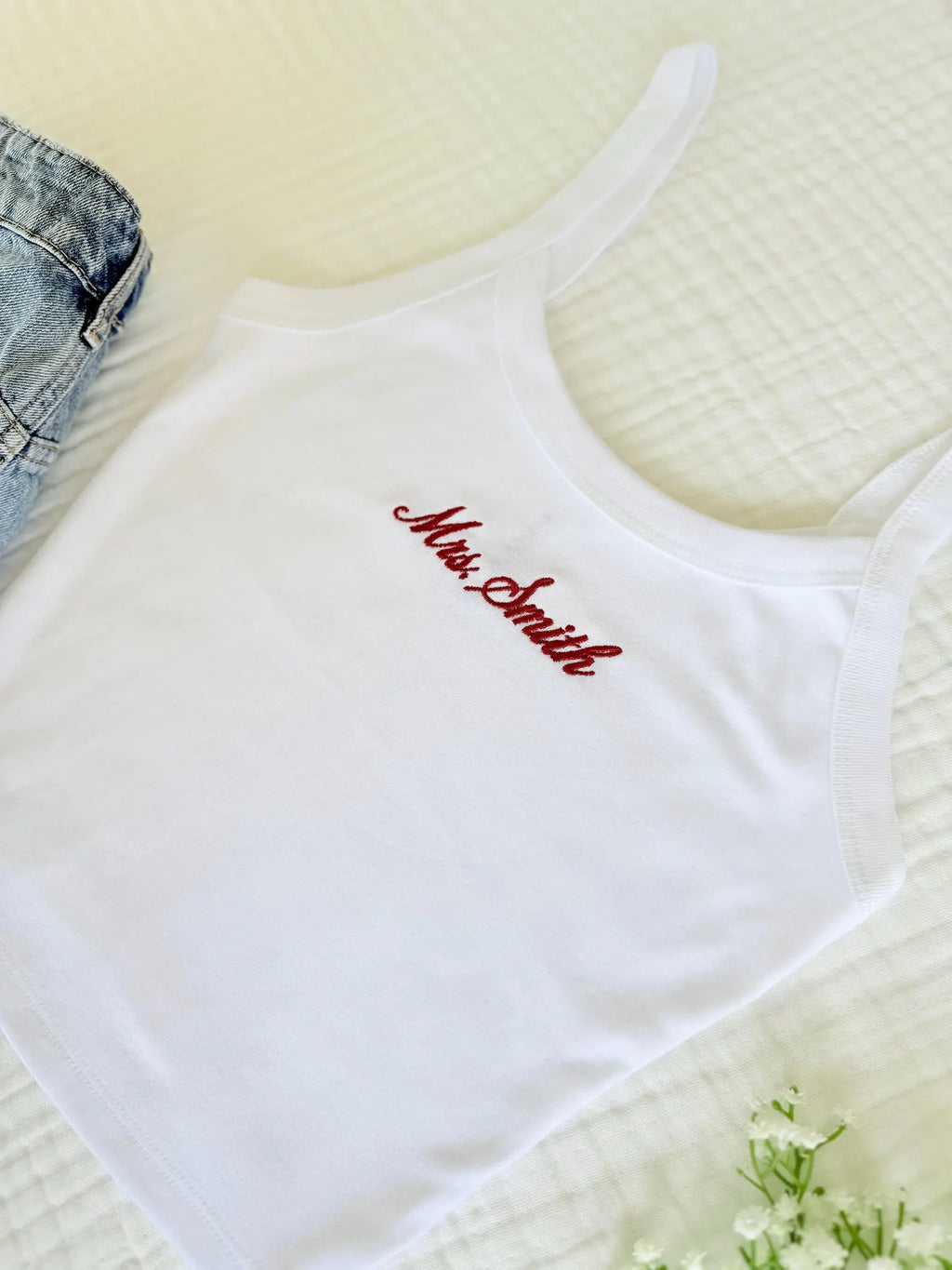 Personalized Mrs. Embroidered Tank Top, Bridal Shower Cami, Bride Vacation Top, Bachelorette Outfit