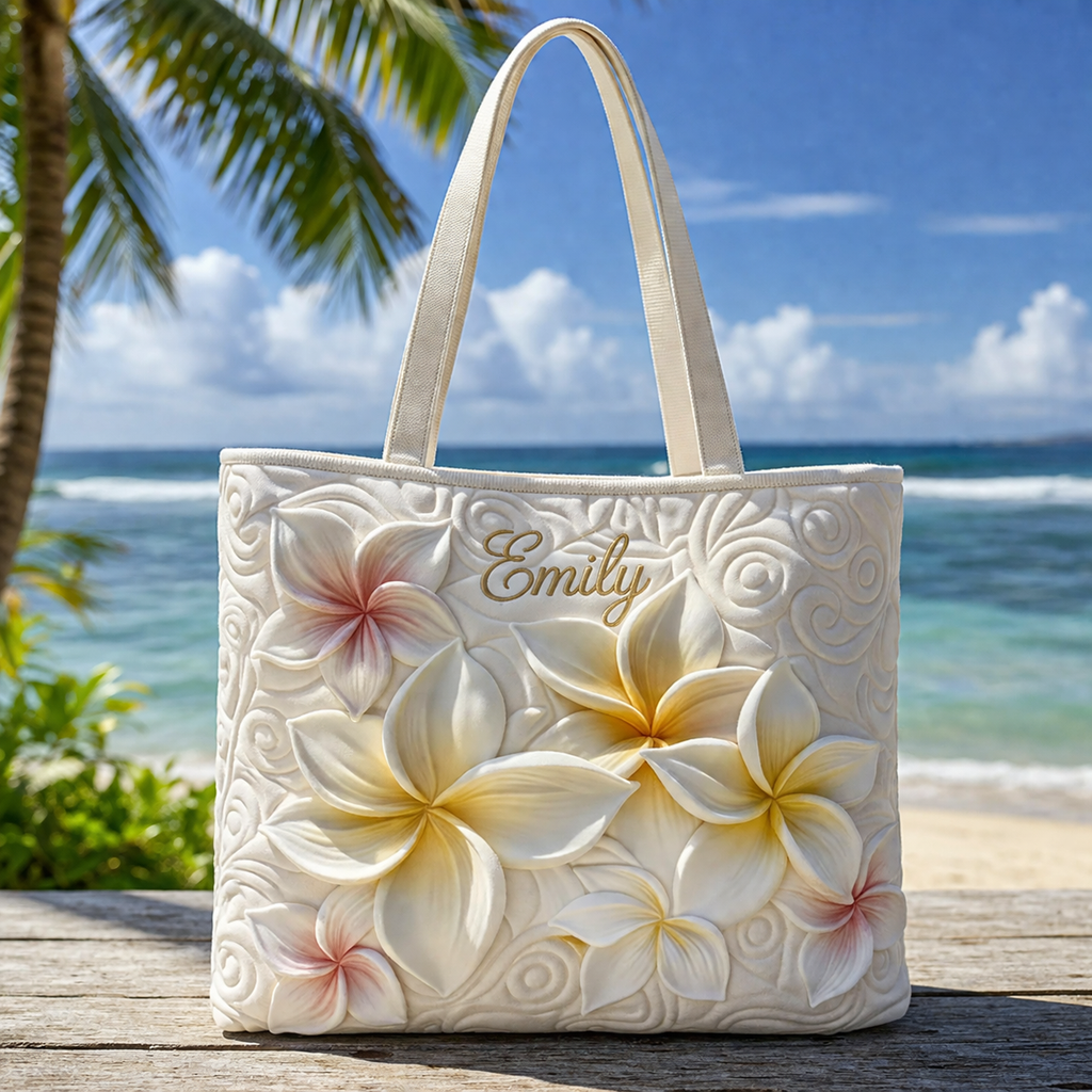 Personalized Plumeria Quilted Tote Bag, Custom Name Tropical Flower Shoulder Bag, Hawaiian Beach Tote, Floral Gift for Women QTOTE18
