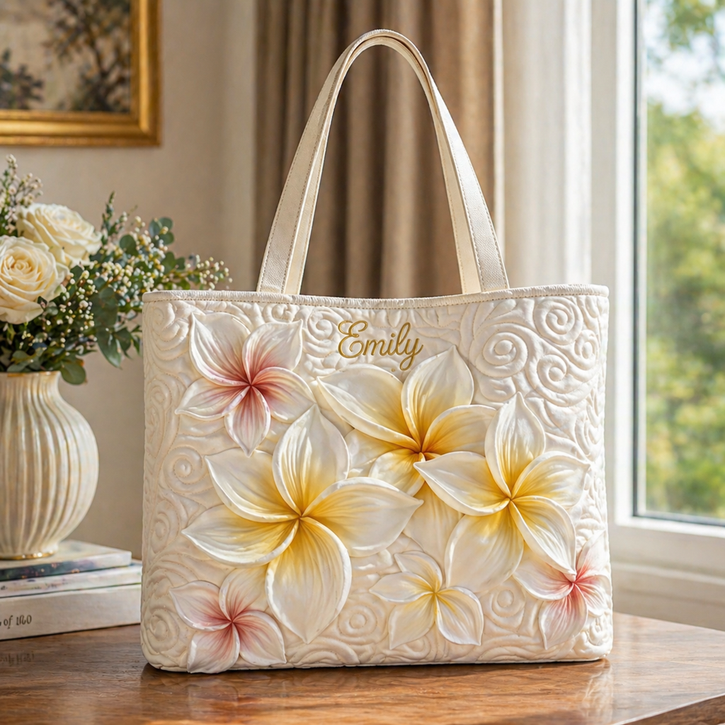 Personalized Plumeria Quilted Tote Bag, Custom Name Tropical Flower Shoulder Bag, Hawaiian Beach Tote, Floral Gift for Women QTOTE18