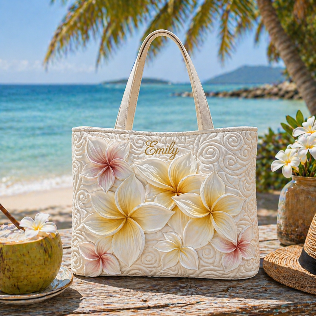 Personalized Plumeria Quilted Tote Bag, Custom Name Tropical Flower Shoulder Bag, Hawaiian Beach Tote, Floral Gift for Women QTOTE18