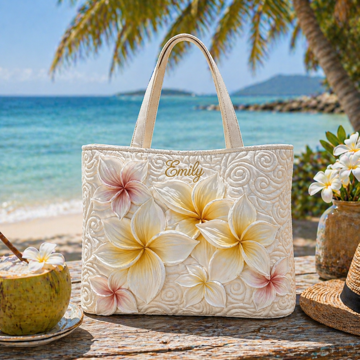 Personalized Plumeria Quilted Tote Bag, Custom Name Tropical Flower Shoulder Bag, Hawaiian Beach Tote, Floral Gift for Women QTOTE18