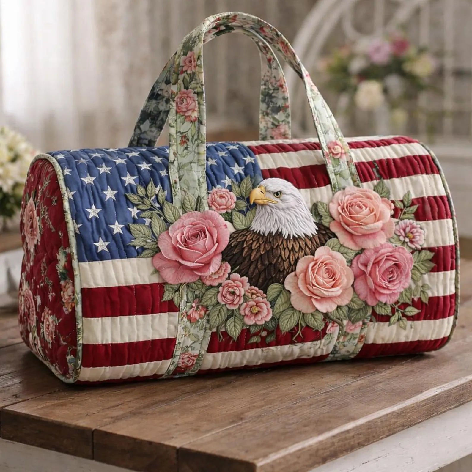 American Flag Eagle Quilted Duffle Bag, Patriotic Floral Weekender Bag for Women,Travel Bag