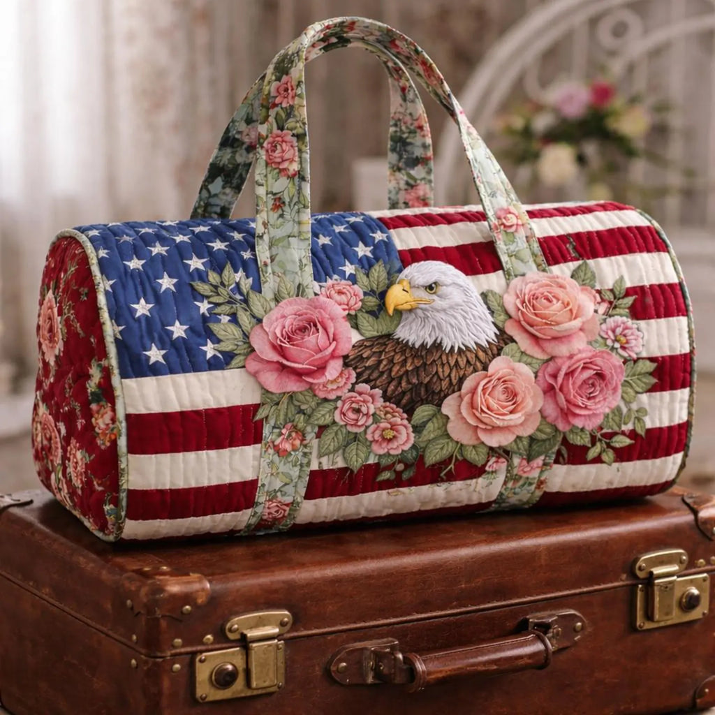 American Flag Eagle Quilted Duffle Bag, Patriotic Floral Weekender Bag for Women,Travel Bag