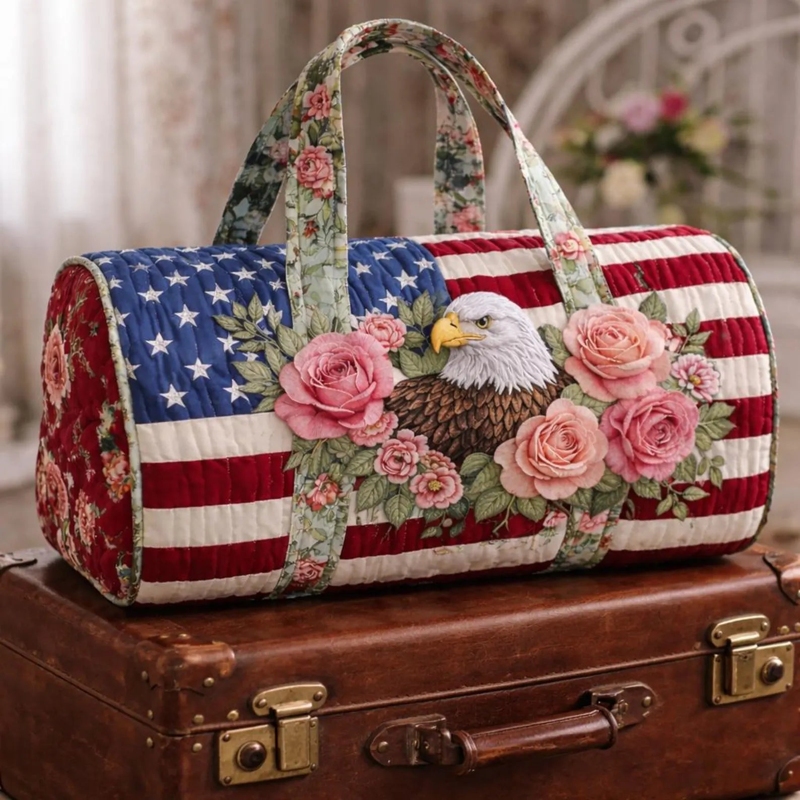 American Flag Eagle Quilted Duffle Bag, Patriotic Floral Weekender Bag for Women,Travel Bag
