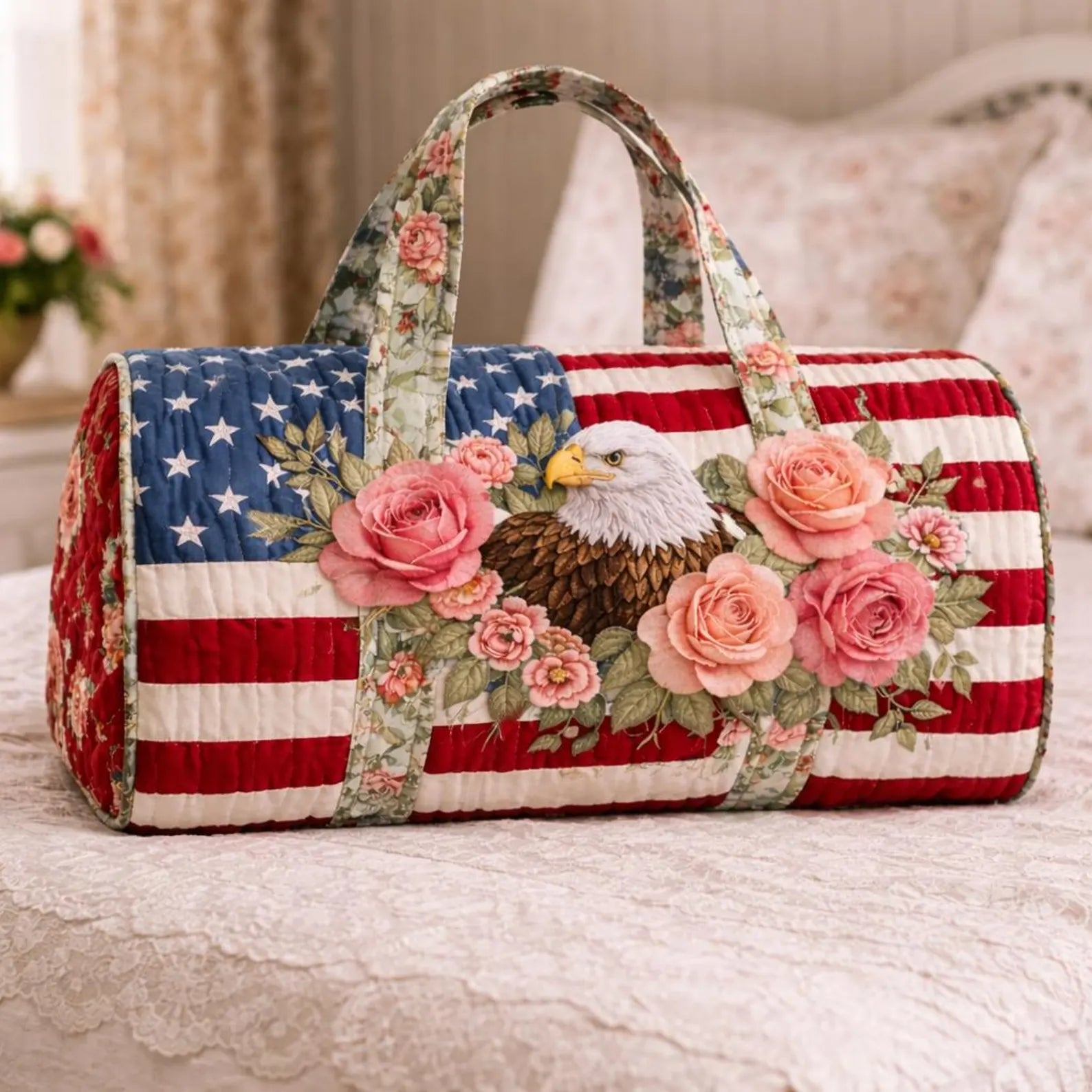 American Flag Eagle Quilted Duffle Bag, Patriotic Floral Weekender Bag for Women,Travel Bag