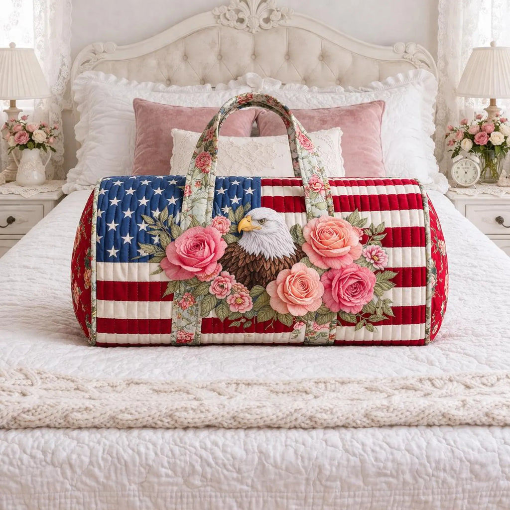 American Flag Eagle Quilted Duffle Bag, Patriotic Floral Weekender Bag for Women,Travel Bag
