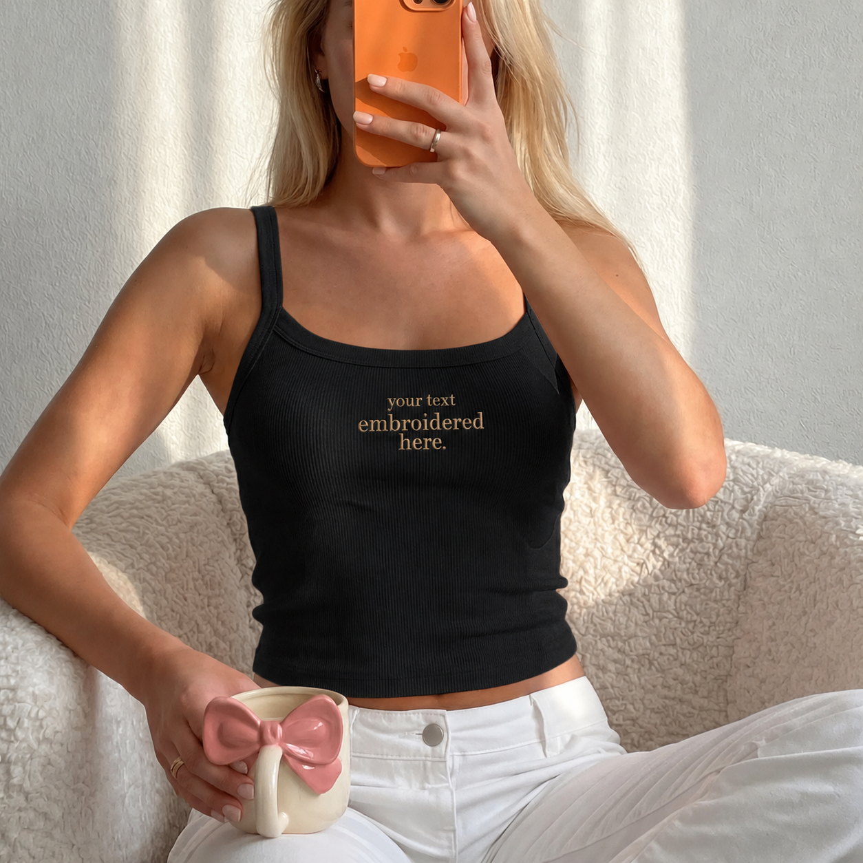 Personalized Embroidered Ribbed Tank Top, Custom Spaghetti Strap Crop Top, Add Your Text Name Logo, Women’s Summer Cami Tank