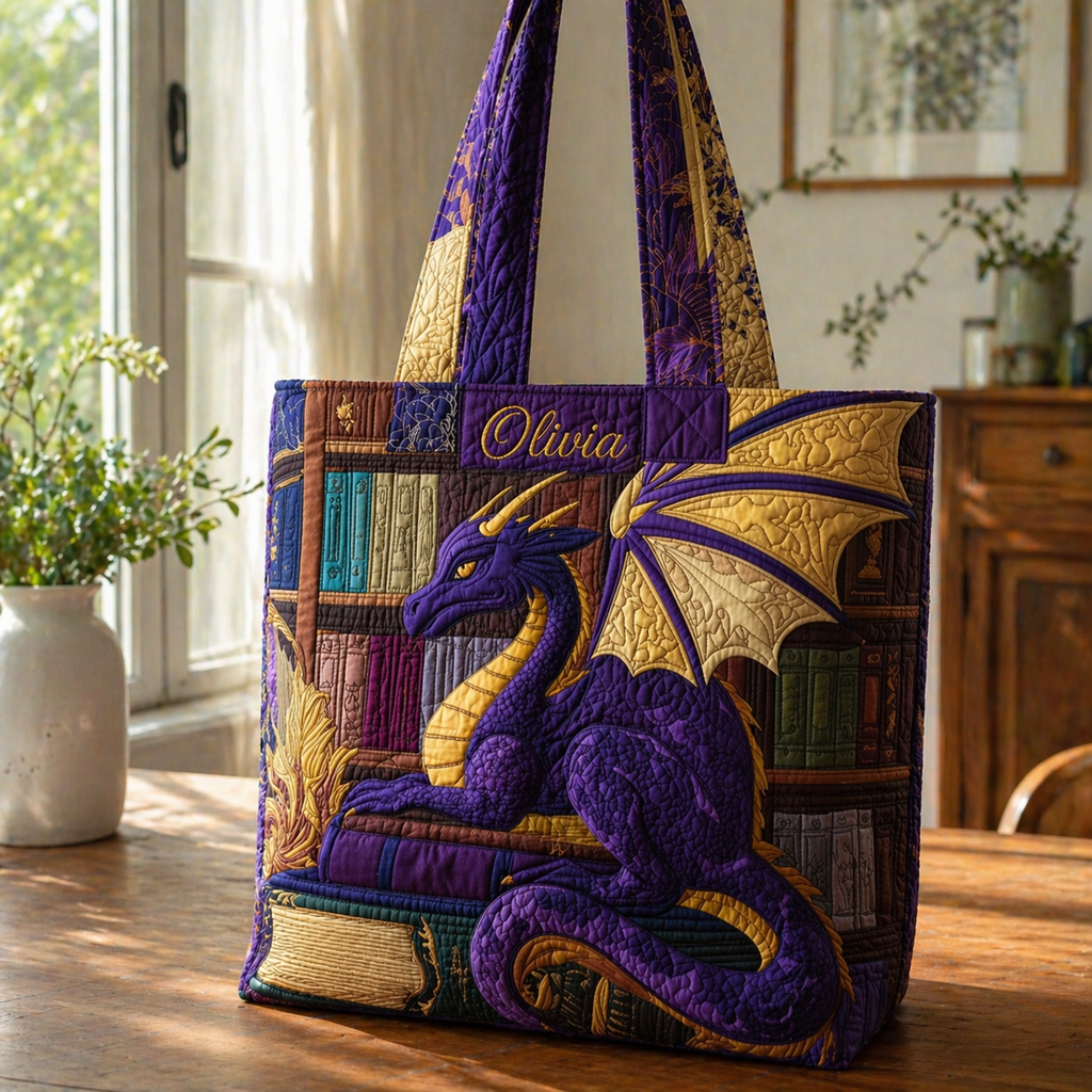Personalized Purple Dragon Quilted Tote Bag, Custom Fantasy Book Shoulder Bag, Gift for Women QTOTE19