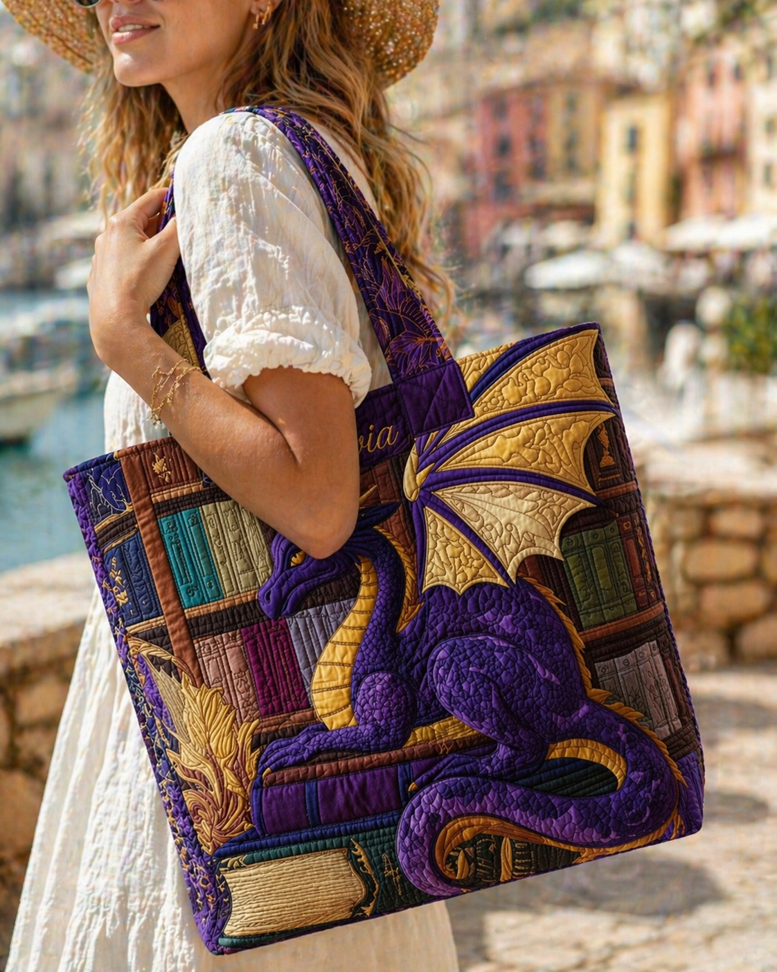 Personalized Purple Dragon Quilted Tote Bag, Custom Fantasy Book Shoulder Bag, Gift for Women QTOTE19