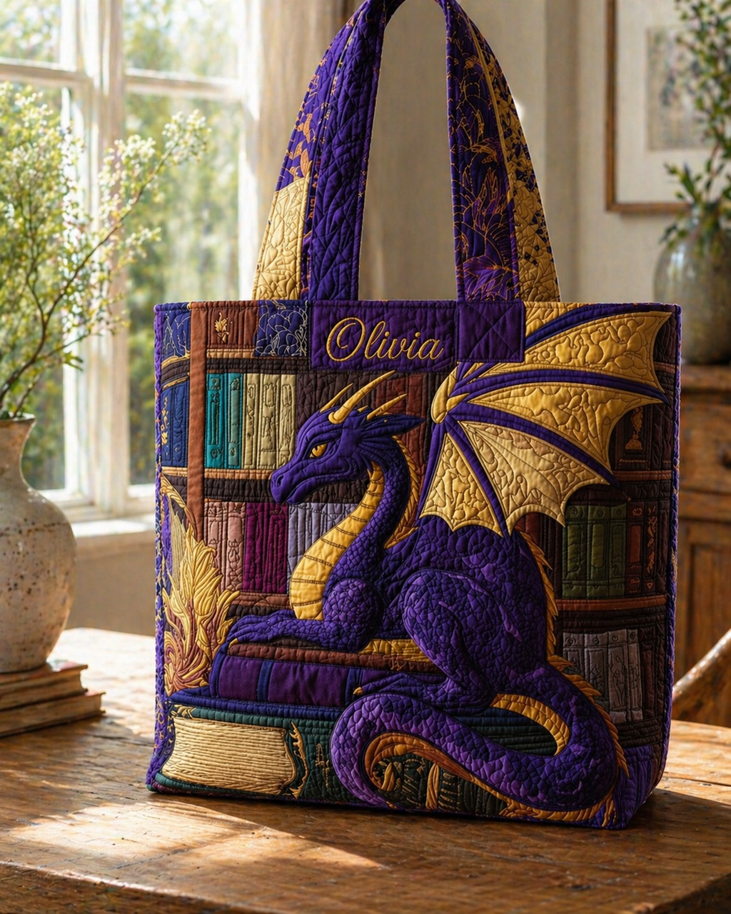Personalized Purple Dragon Quilted Tote Bag, Custom Fantasy Book Shoulder Bag, Gift for Women QTOTE19