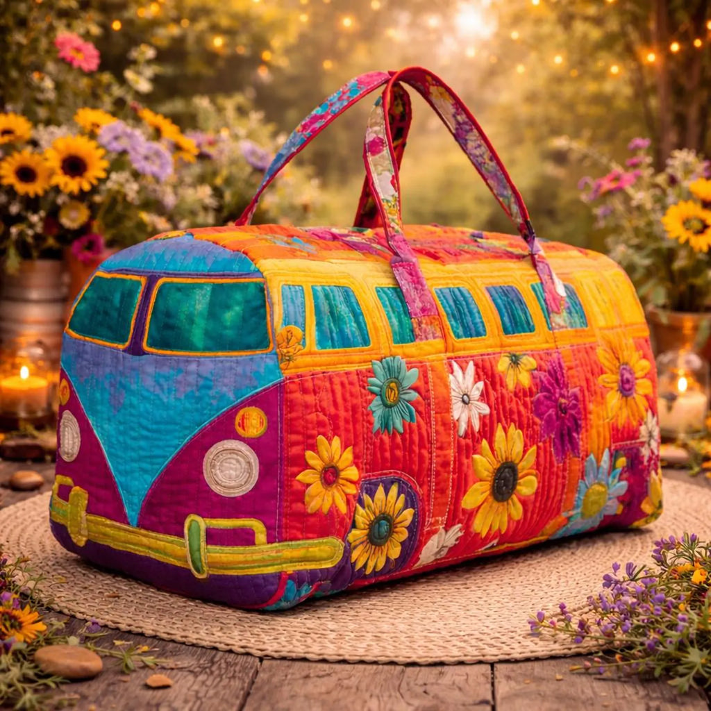 Rainbow Floral Quilted Duffle Bag, Retro Camper Van Quilted Travel Bag