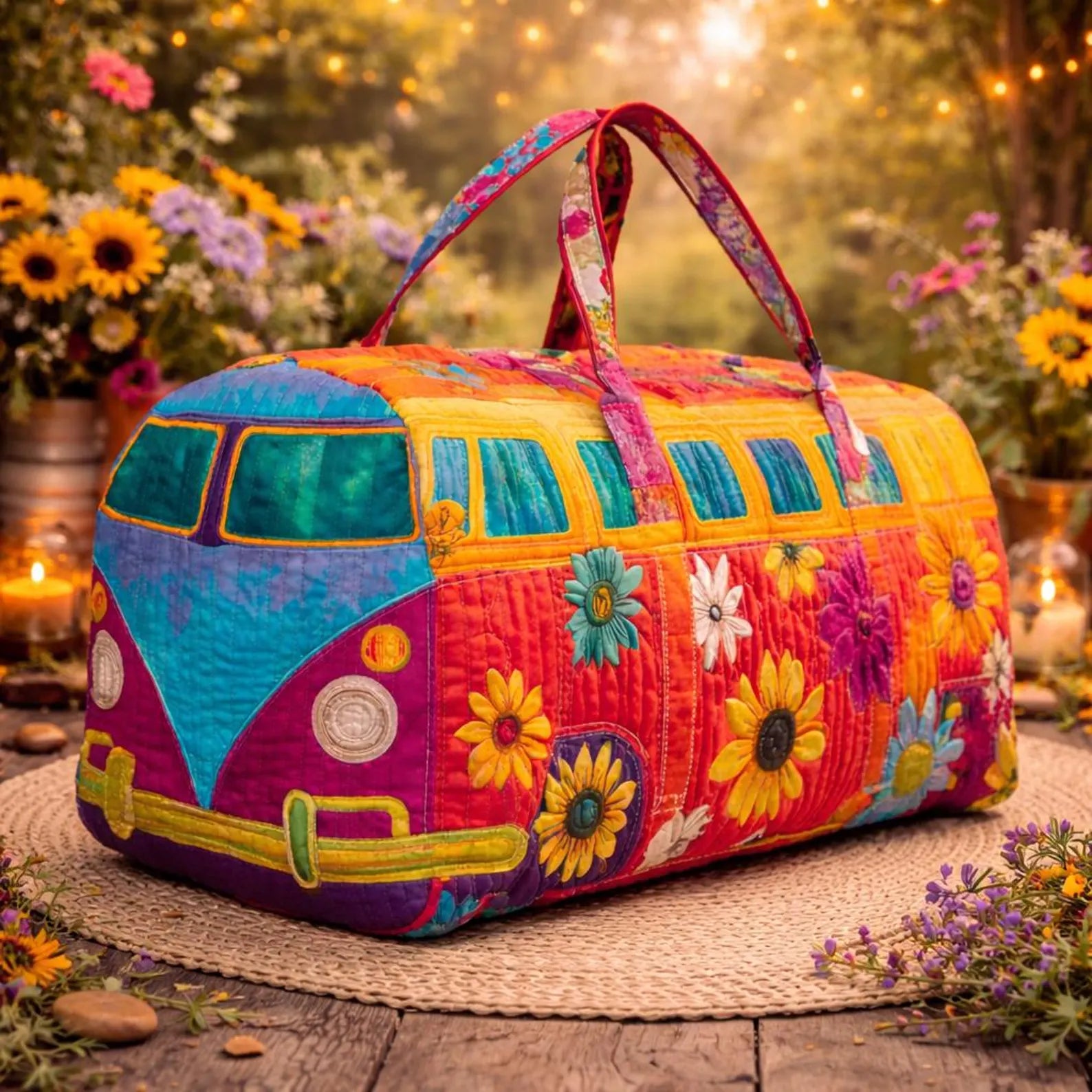 Rainbow Floral Quilted Duffle Bag, Retro Camper Van Quilted Travel Bag