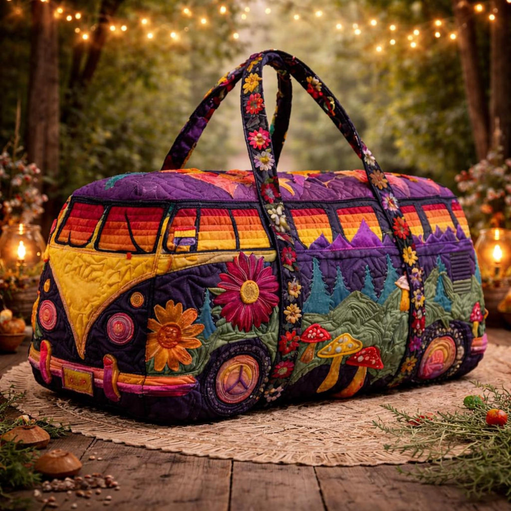 Retro Hippie Van Quilted Duffle Bag, Boho Floral Weekender Bag for Women