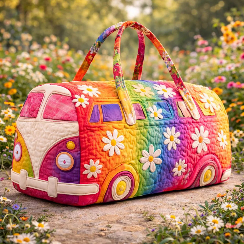 Quilted Rainbow Camper Van Duffle Bag, Daisy Floral Weekender Bag for Women, Travel Bag