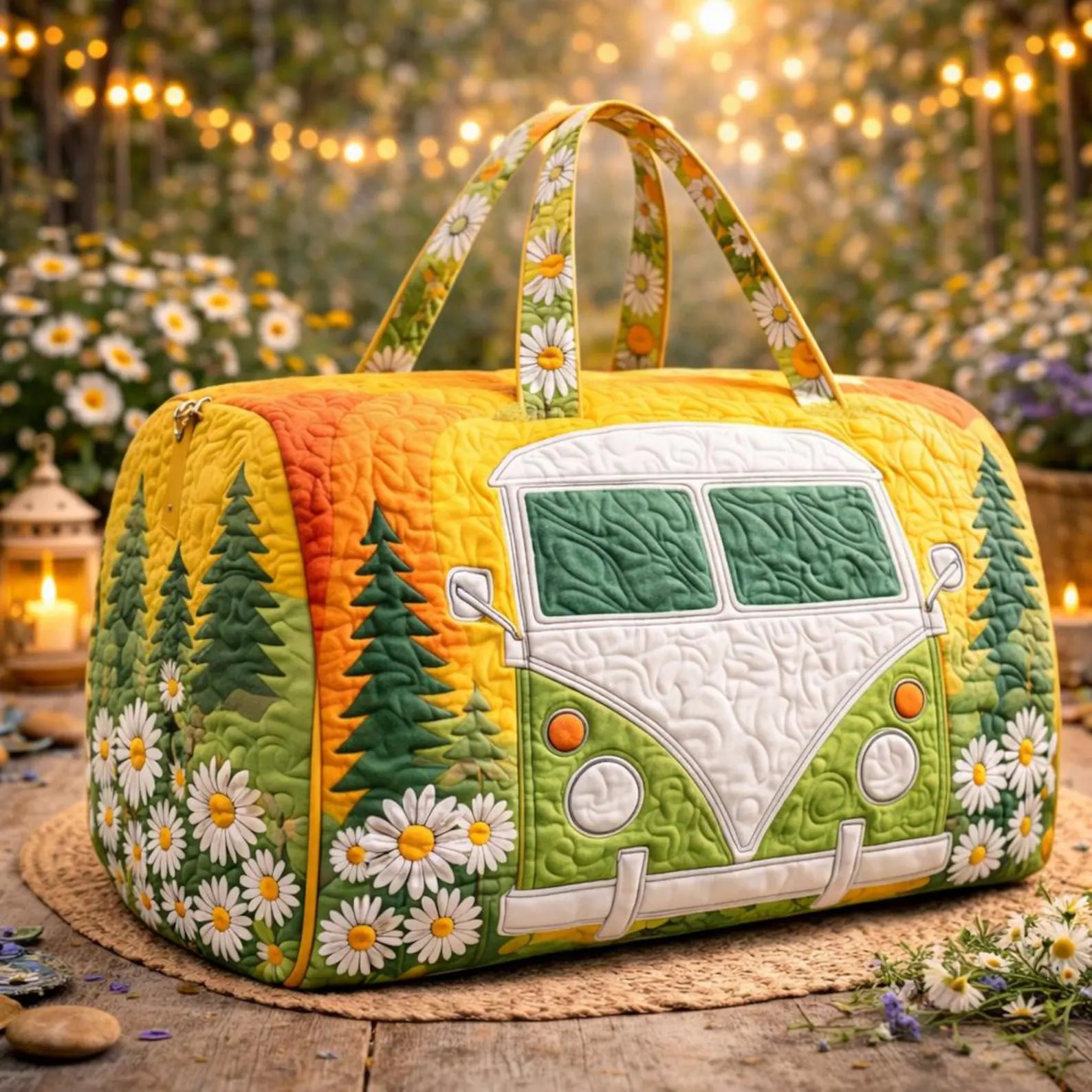 Retro Daisy Camper Van Quilted Duffle Bag, Floral Weekender Bag for Women