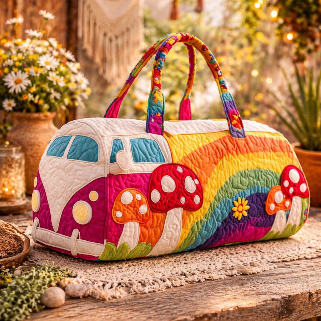 Rainbow Floral Quilted Duffle Bag, Boho Camper Van Weekender Bag