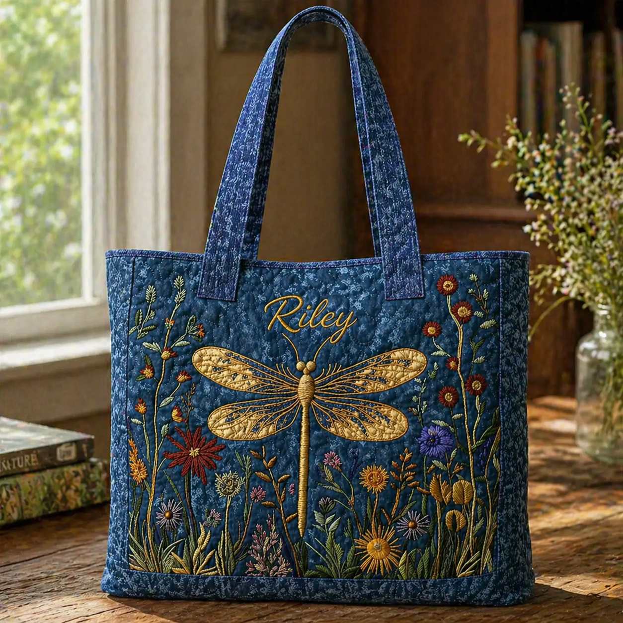 Personalized Dragonfly Floral Quilted Tote Bag, Custom Dragonfly Shoulder Bag, Gift for Women QTOTE20