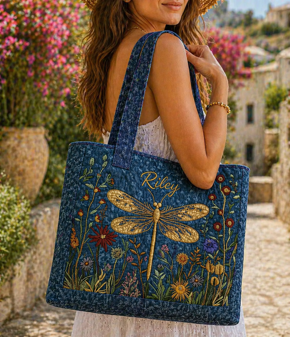 Personalized Dragonfly Floral Quilted Tote Bag, Custom Dragonfly Shoulder Bag, Gift for Women QTOTE20