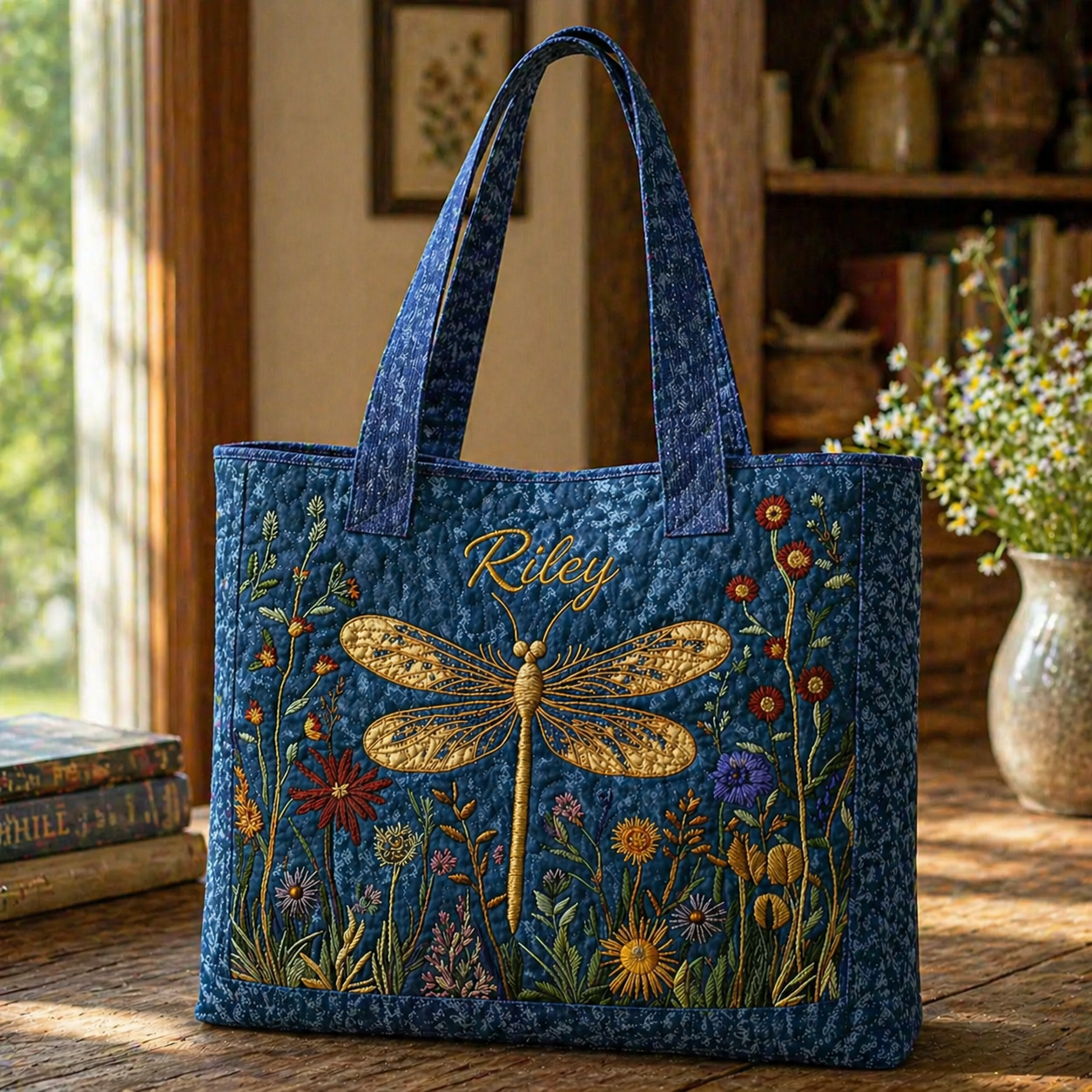 Personalized Dragonfly Floral Quilted Tote Bag, Custom Dragonfly Shoulder Bag, Gift for Women QTOTE20