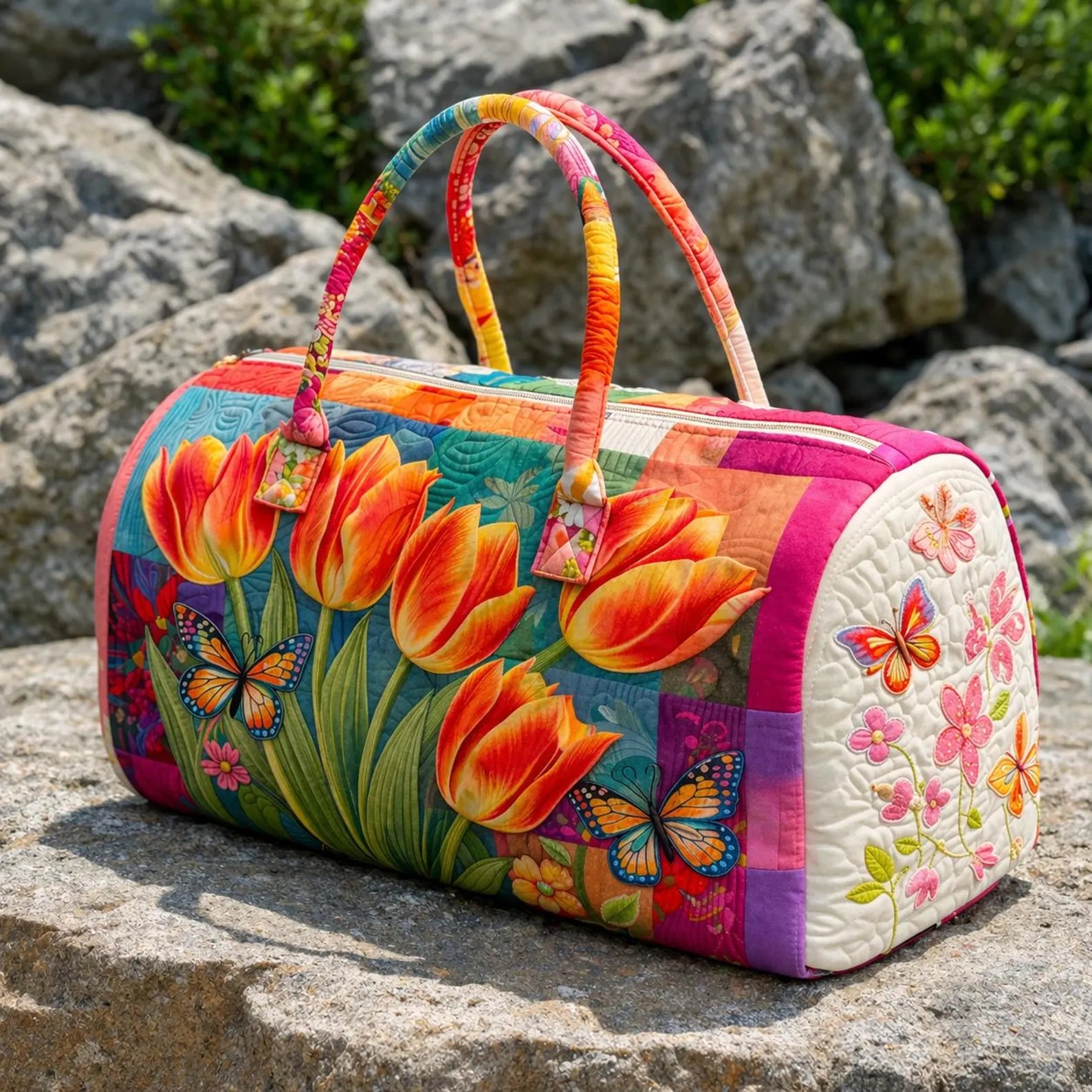 Tulip Quilted Duffle Bag, Floral Weekender Bag for Women, Butterfly Travel Duffle