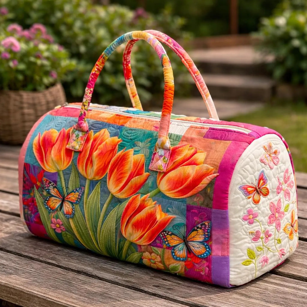 Tulip Quilted Duffle Bag, Floral Weekender Bag for Women, Butterfly Travel Duffle
