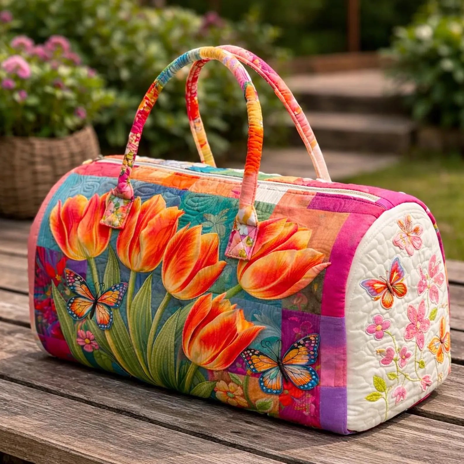 Tulip Quilted Duffle Bag, Floral Weekender Bag for Women, Butterfly Travel Duffle