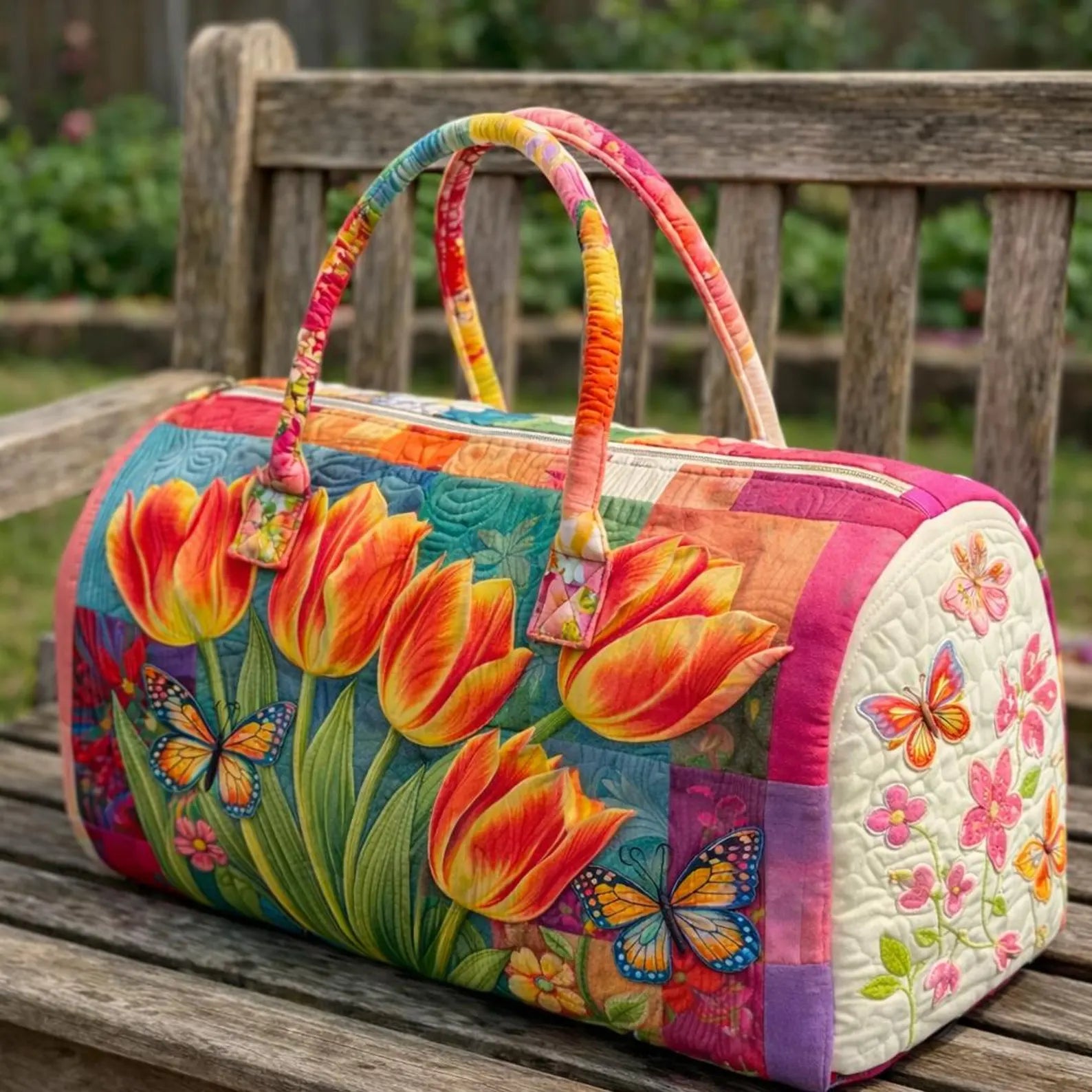 Tulip Quilted Duffle Bag, Floral Weekender Bag for Women, Butterfly Travel Duffle