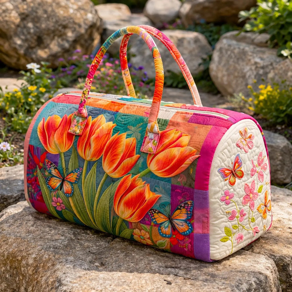 Tulip Quilted Duffle Bag, Floral Weekender Bag for Women, Butterfly Travel Duffle