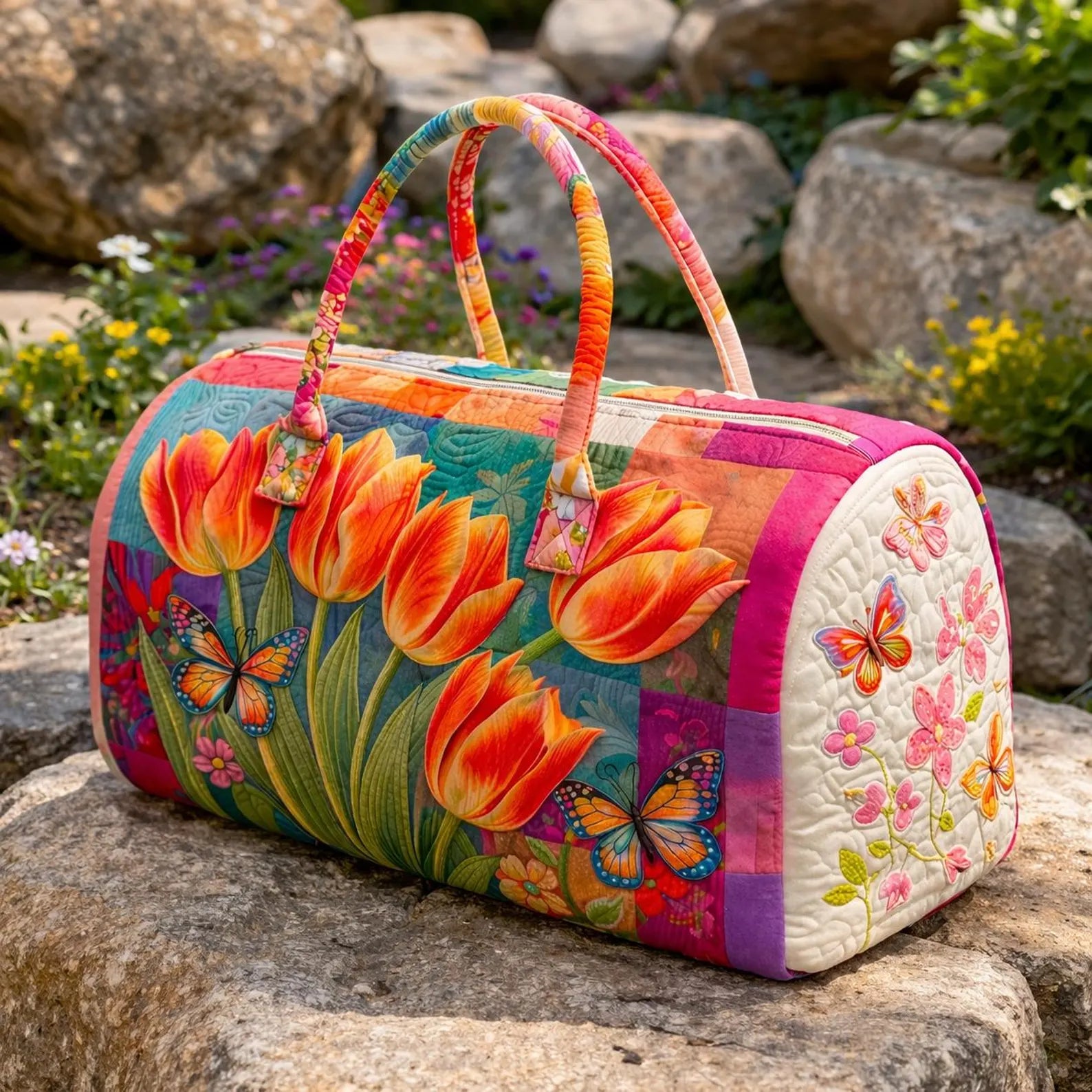 Tulip Quilted Duffle Bag, Floral Weekender Bag for Women, Butterfly Travel Duffle