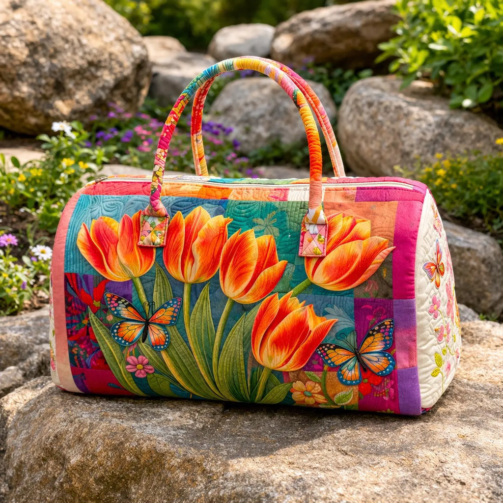 Tulip Quilted Duffle Bag, Floral Weekender Bag for Women, Butterfly Travel Duffle
